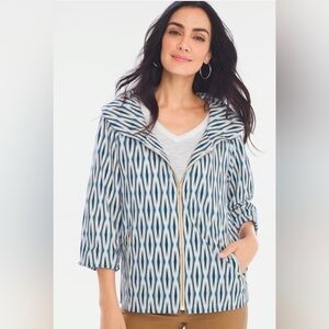 CHICO'S White Blue Ikat Zip Front Lightweight 3/4 Puff Sleeve Jacket Size 8/10